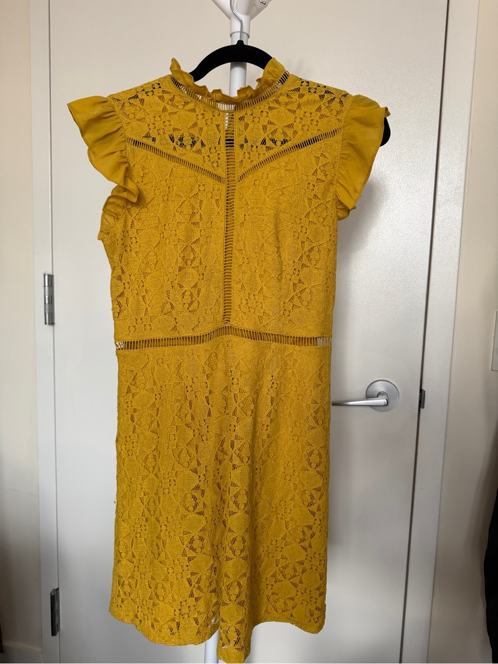 Altar'd State Mustard Yellow Lace Midi Dress with Ruffle Sleeves